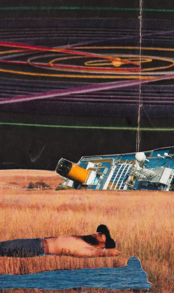 album artwork featuring a man laying in a grassy field with a cruiseship in the distance and solar system above