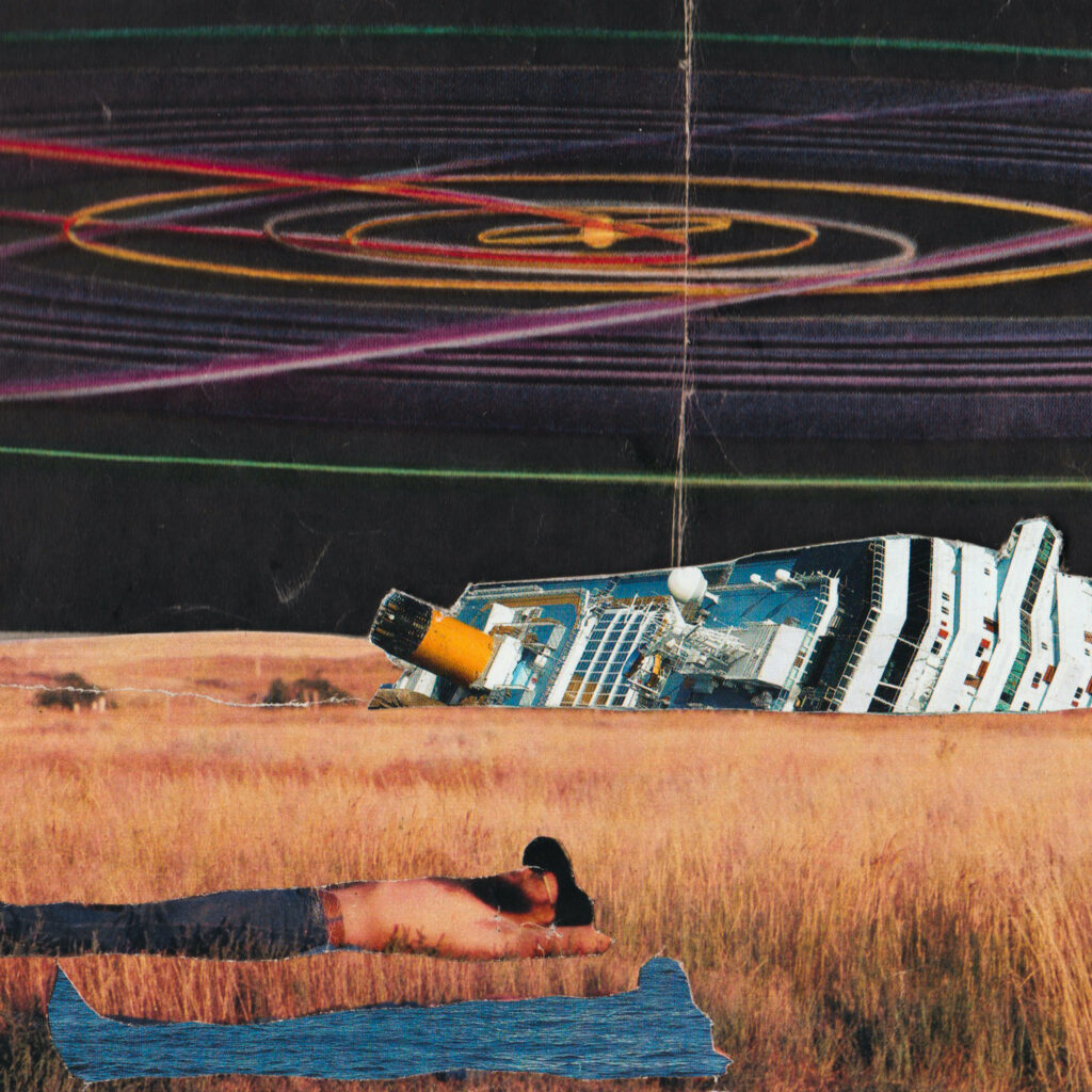 album artwork featuring a man laying in a grassy field with a cruiseship in the distance and solar system above